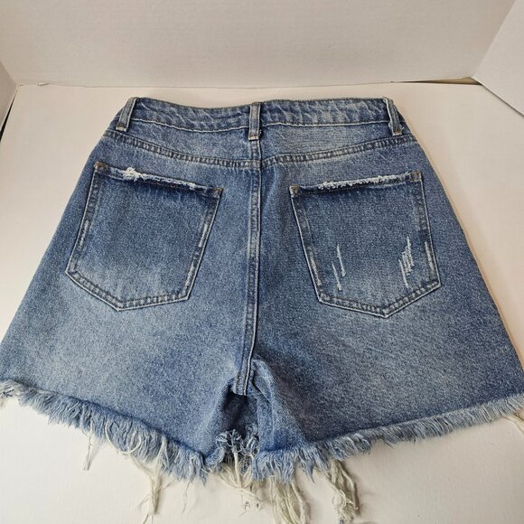 Signature 8 Blue Denim Shorts Women Distressed High Rise Button Down Size M - Picture 7 of 14